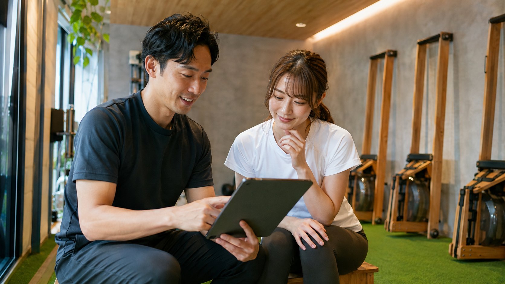トレーナーとお客様がフィードバックを確認する様子