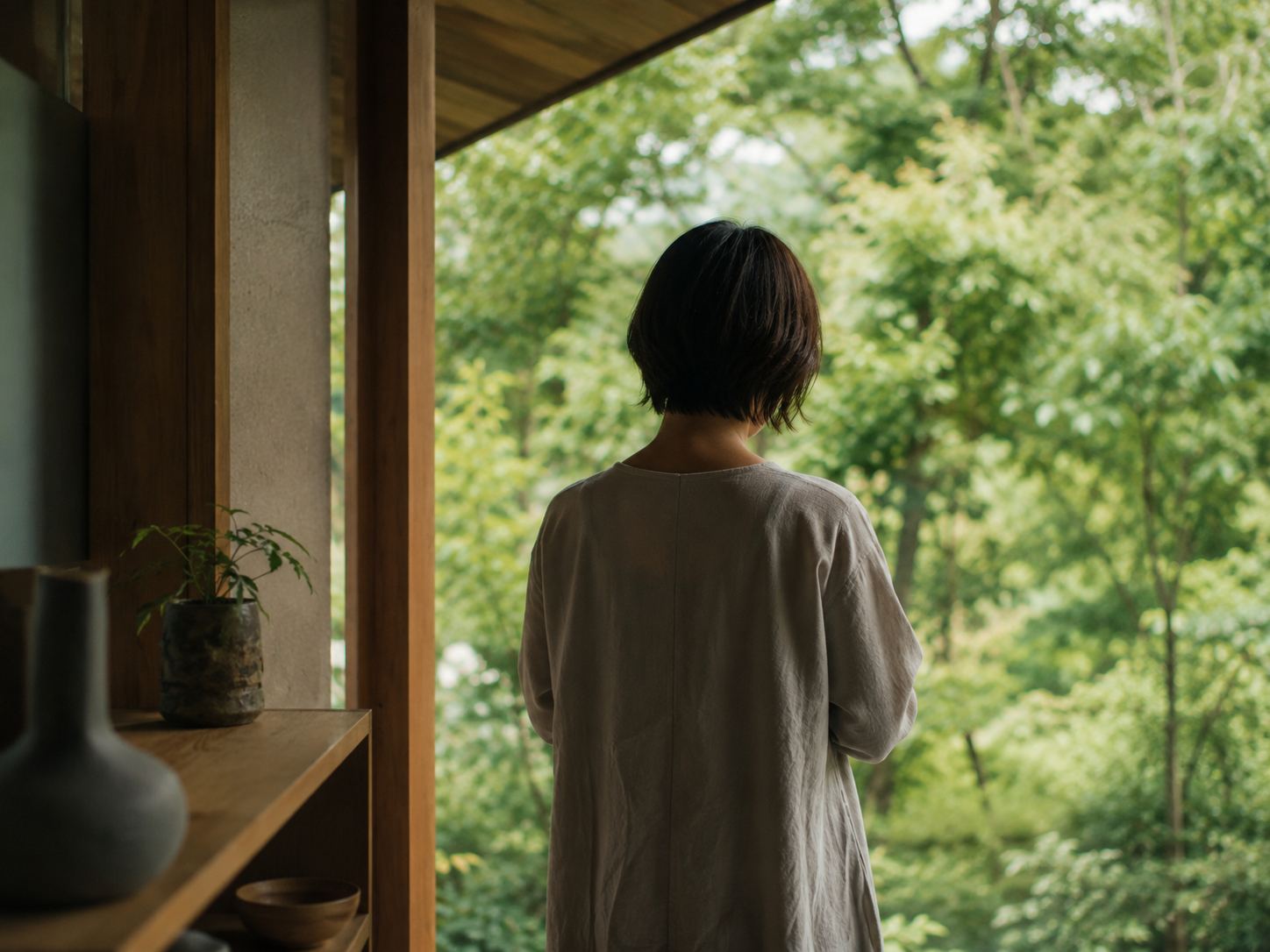 窓の外の緑を眺める様子